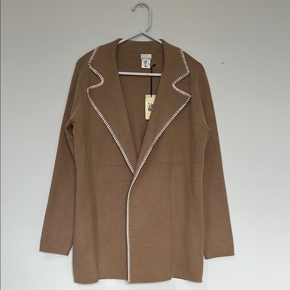 Max Studios Brown Open-Front Cardigan with Contrast Trim
